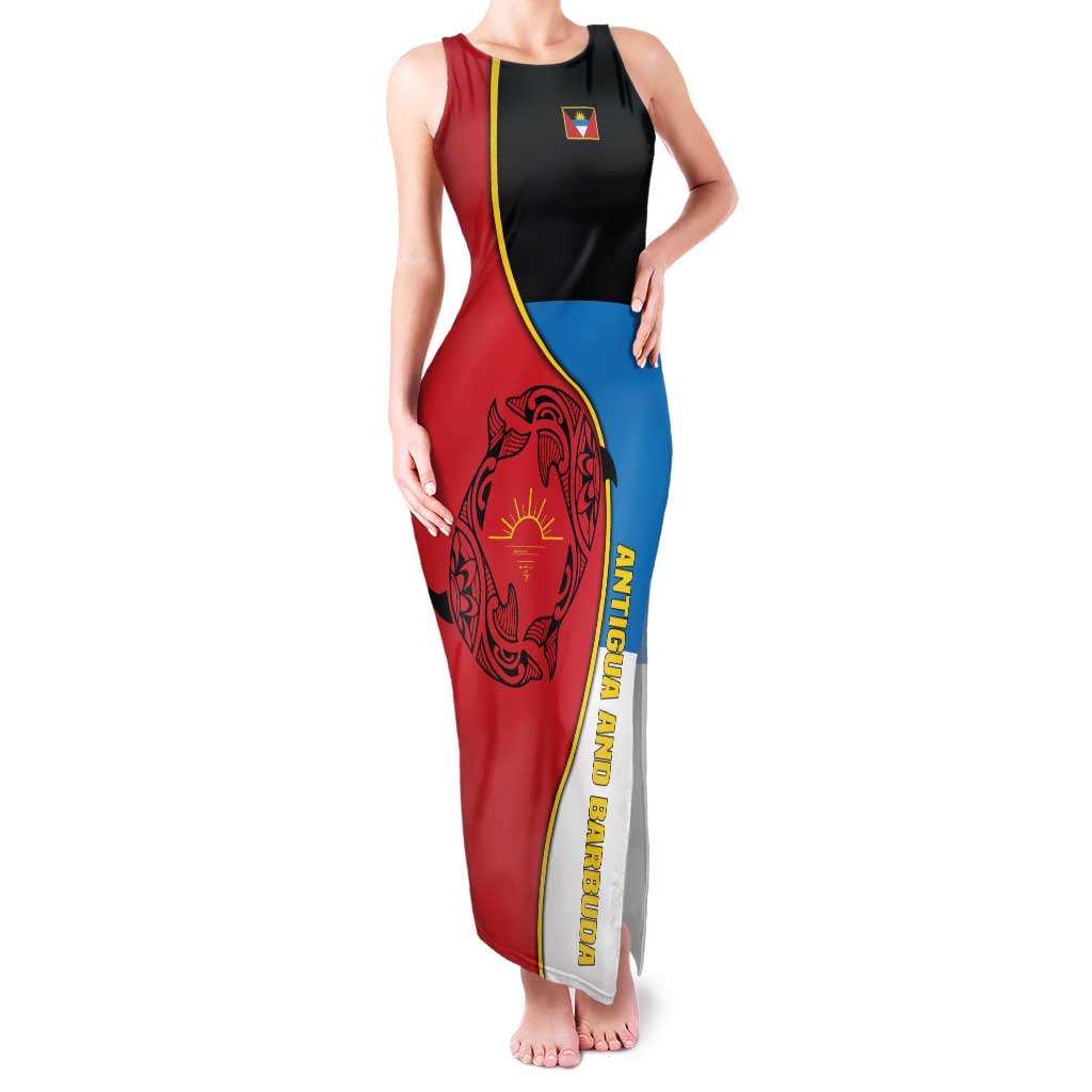 Antigua and Barbuda Tribal Family Matching Tank Maxi Dress and Hawaiian Shirt with Polynesian Dolphin Sun Design with National Flag Colors - Wonder Print Shop