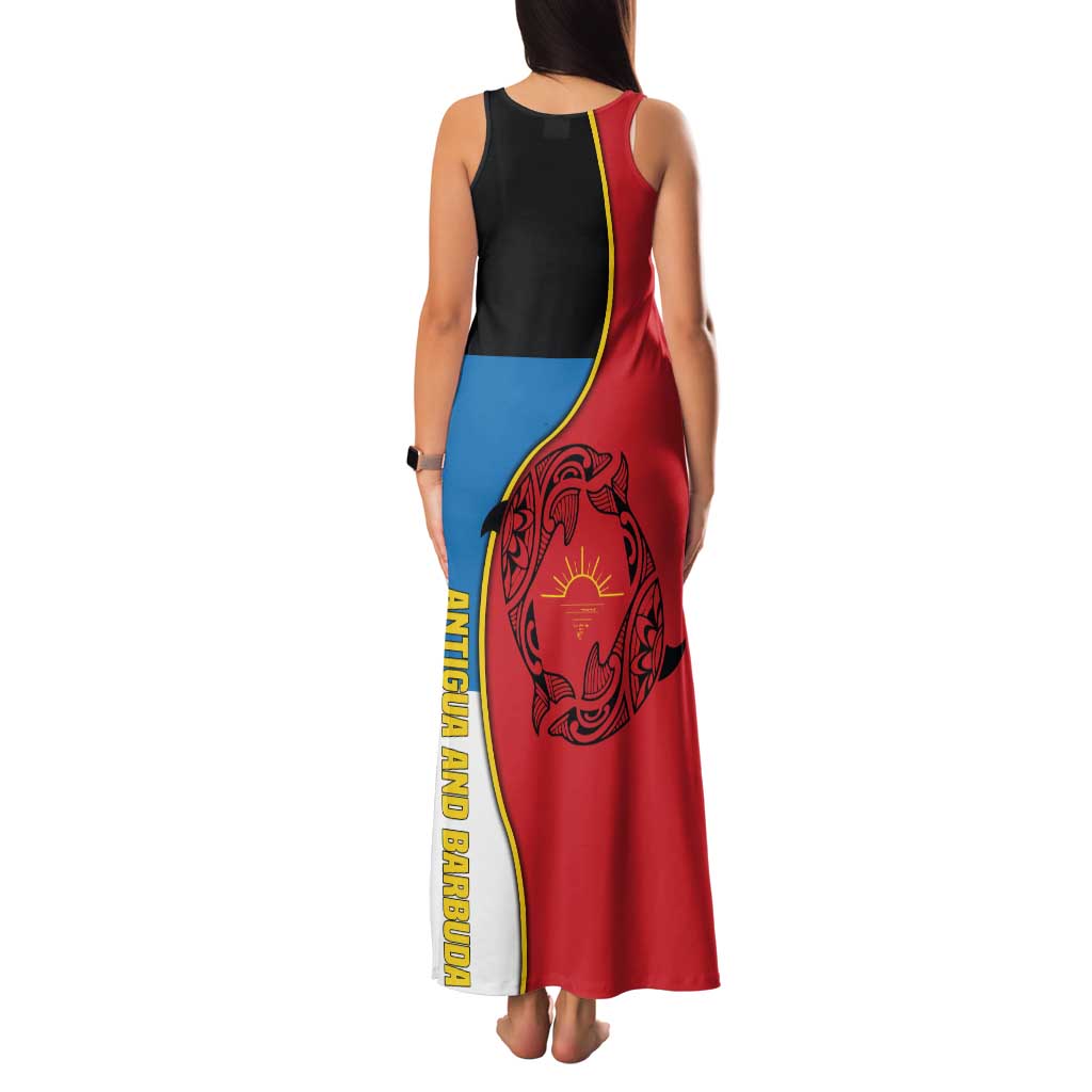Antigua and Barbuda Tribal Family Matching Tank Maxi Dress and Hawaiian Shirt with Polynesian Dolphin Sun Design with National Flag Colors - Wonder Print Shop
