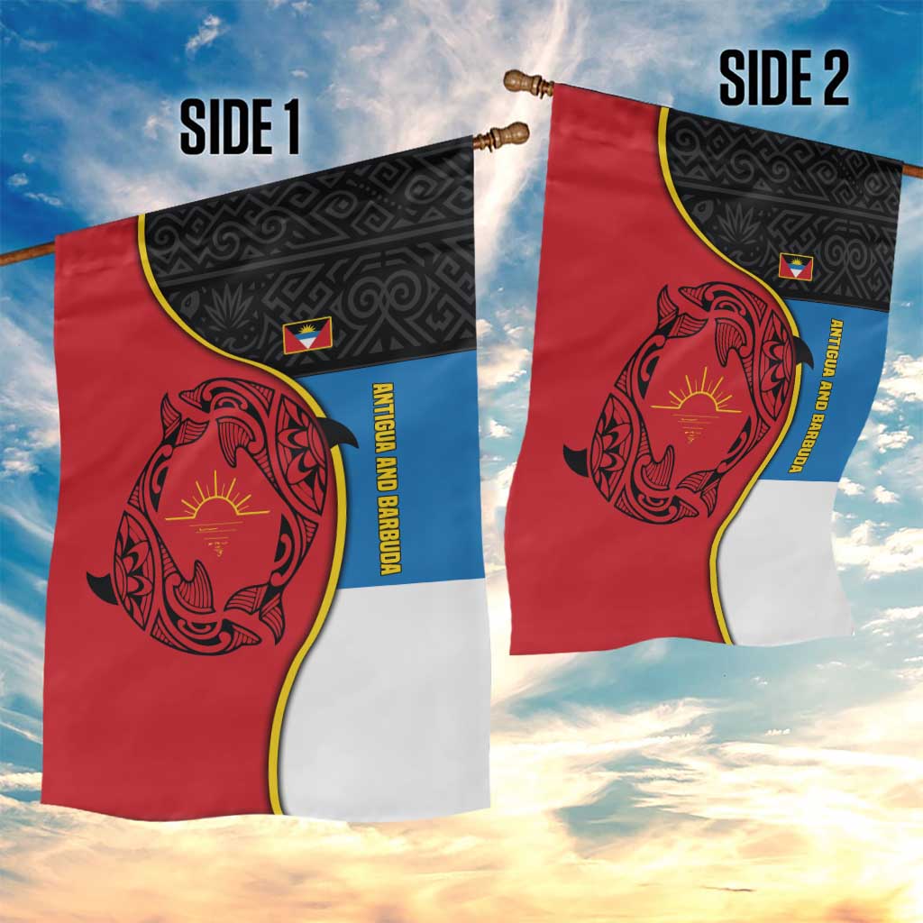 Antigua and Barbuda Tribal Garden Flag with Polynesian Dolphin Sun Design with National Flag Colors - Wonder Print Shop