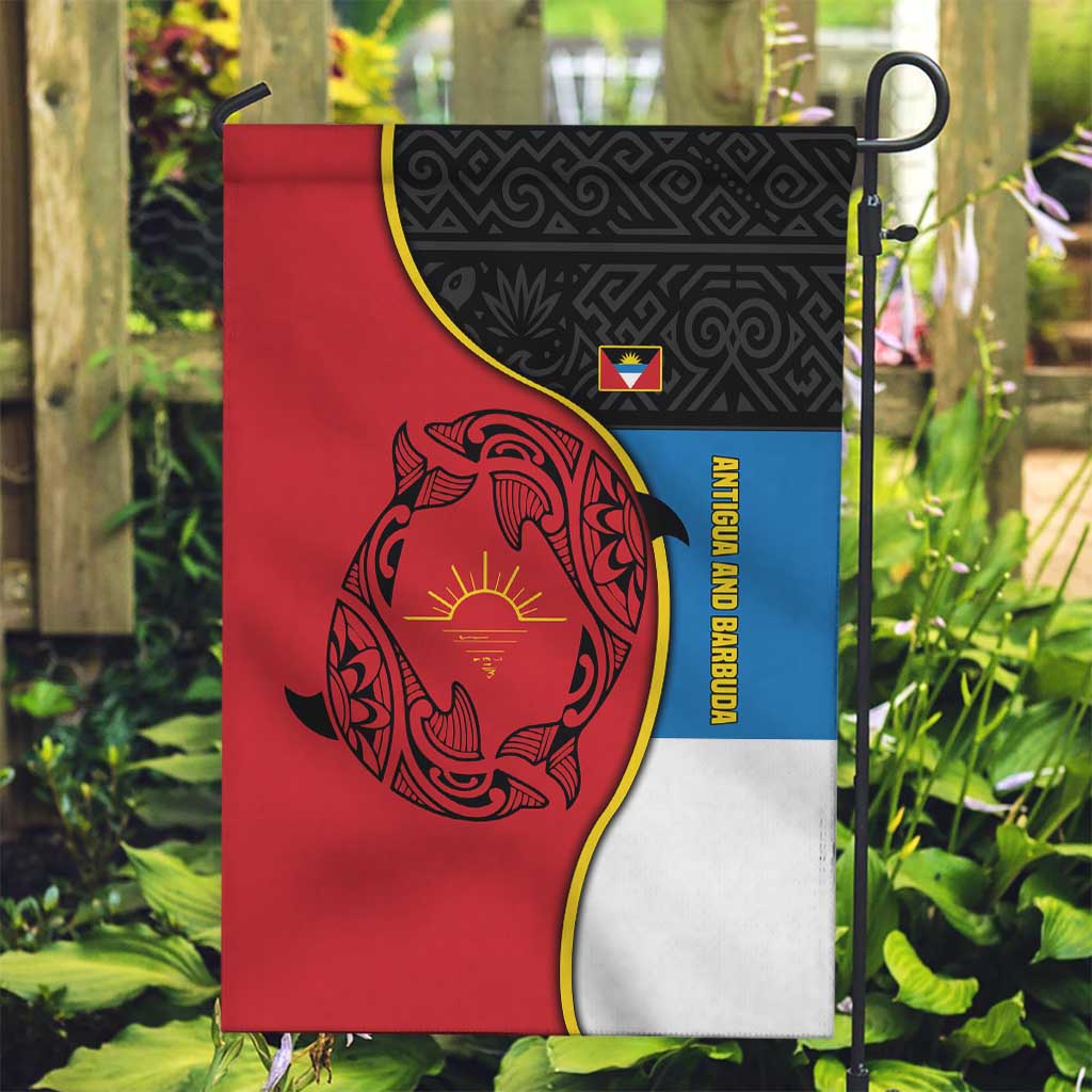 Antigua and Barbuda Tribal Garden Flag with Polynesian Dolphin Sun Design with National Flag Colors - Wonder Print Shop