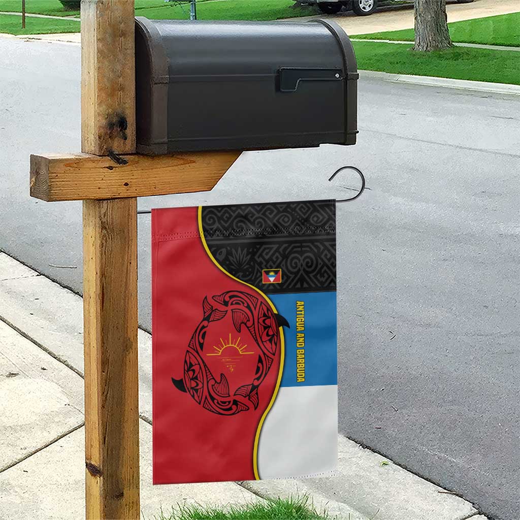 Antigua and Barbuda Tribal Garden Flag with Polynesian Dolphin Sun Design with National Flag Colors - Wonder Print Shop