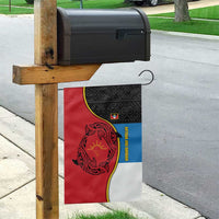 Antigua and Barbuda Tribal Garden Flag with Polynesian Dolphin Sun Design with National Flag Colors - Wonder Print Shop