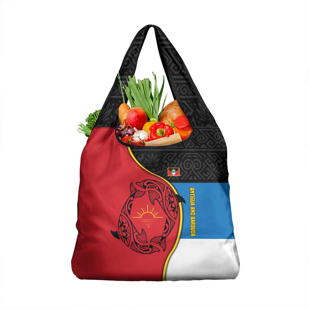 Antigua and Barbuda Tribal Grocery Bag with Polynesian Dolphin Sun Design with National Flag Colors - Wonder Print Shop