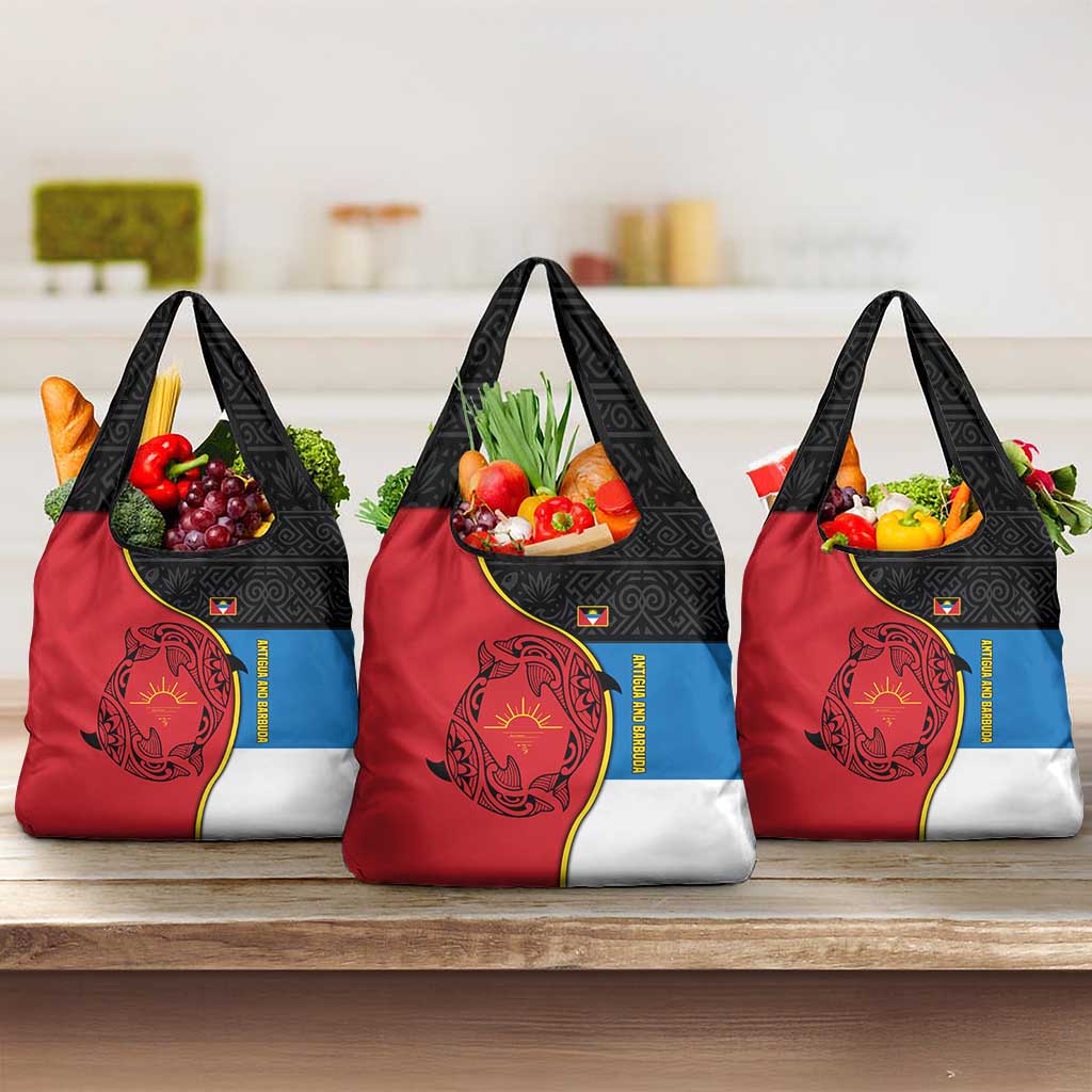 Antigua and Barbuda Tribal Grocery Bag with Polynesian Dolphin Sun Design with National Flag Colors - Wonder Print Shop