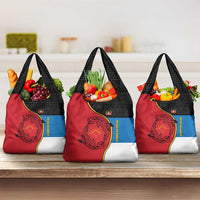 Antigua and Barbuda Tribal Grocery Bag with Polynesian Dolphin Sun Design with National Flag Colors - Wonder Print Shop