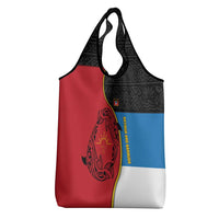 Antigua and Barbuda Tribal Grocery Bag with Polynesian Dolphin Sun Design with National Flag Colors - Wonder Print Shop