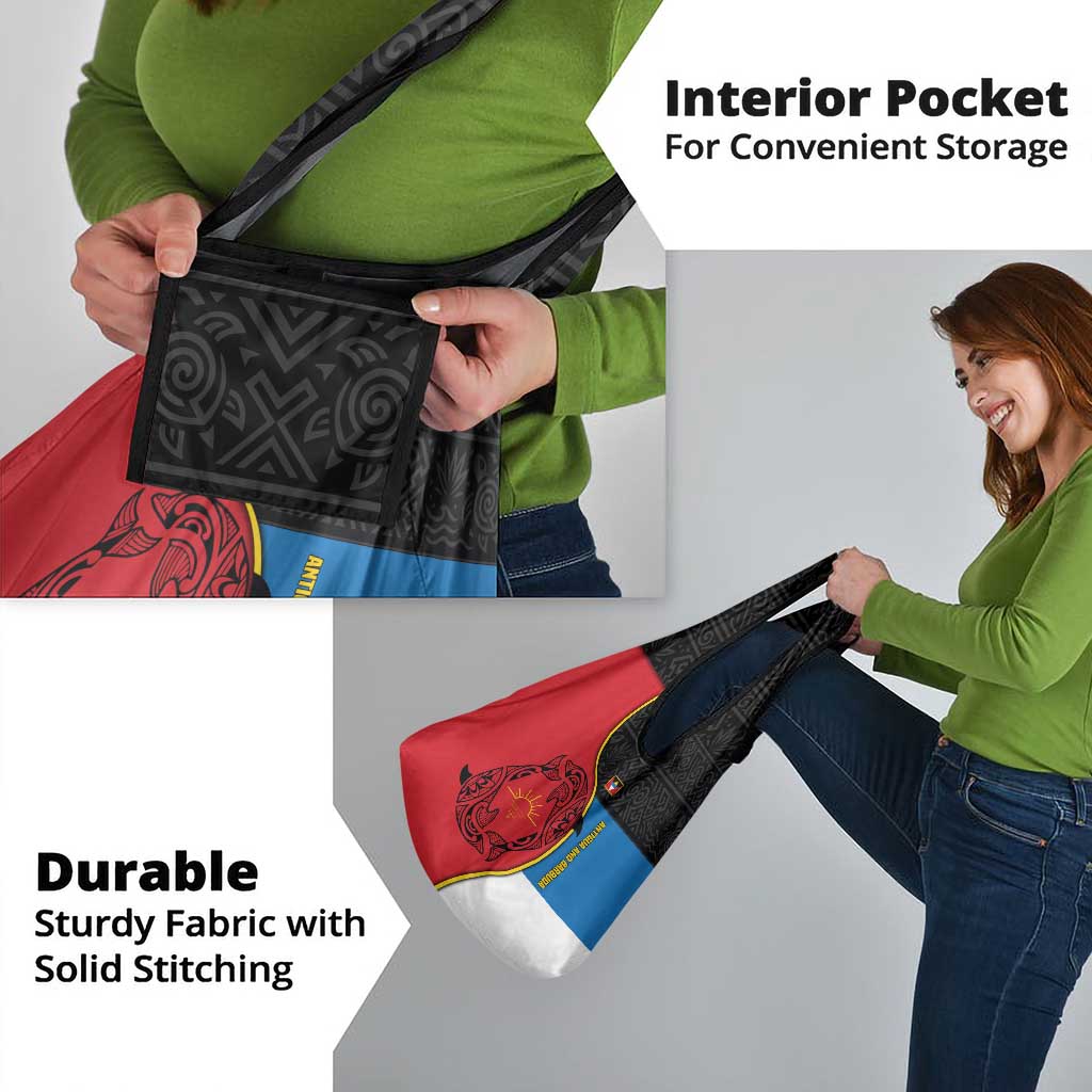 Antigua and Barbuda Tribal Grocery Bag with Polynesian Dolphin Sun Design with National Flag Colors - Wonder Print Shop