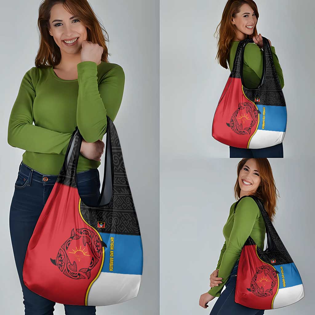 Antigua and Barbuda Tribal Grocery Bag with Polynesian Dolphin Sun Design with National Flag Colors - Wonder Print Shop