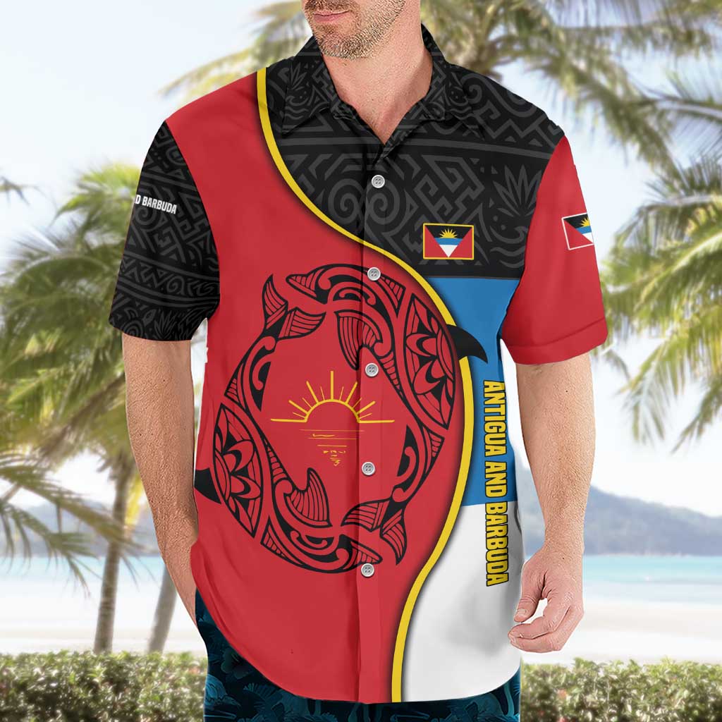 Antigua and Barbuda Tribal Hawaiian Shirt with Polynesian Dolphin Sun Design with National Flag Colors - Wonder Print Shop