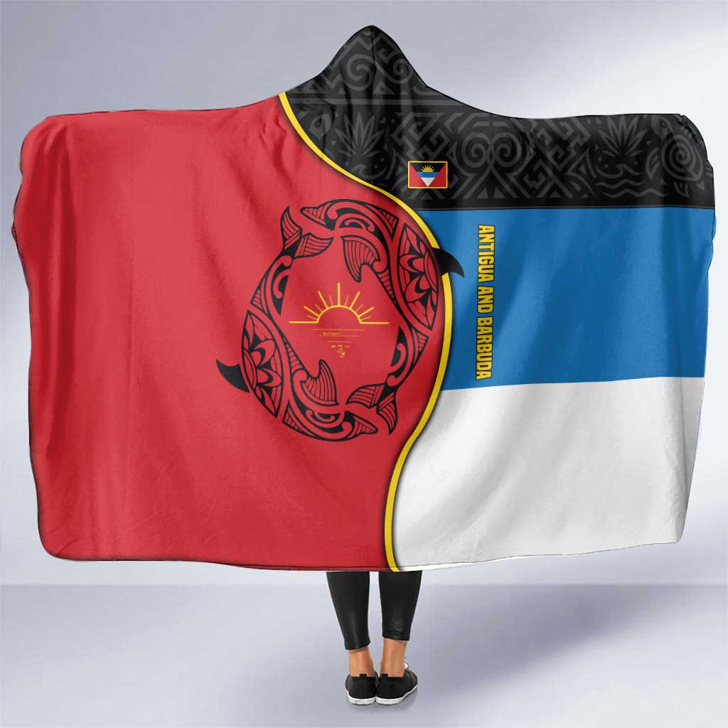 Antigua and Barbuda Tribal Hooded Blanket with Polynesian Dolphin Sun Design with National Flag Colors - Wonder Print Shop