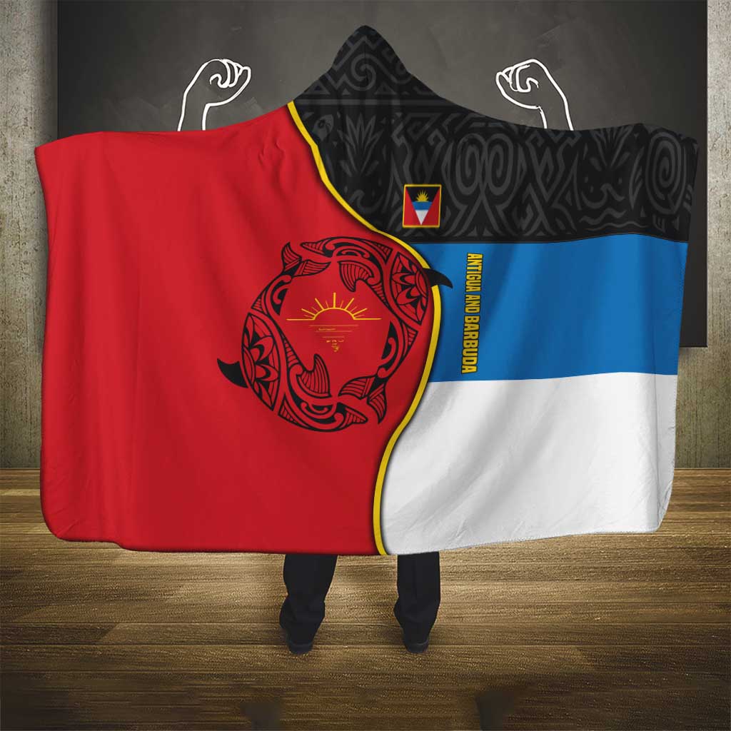 Antigua and Barbuda Tribal Hooded Blanket with Polynesian Dolphin Sun Design with National Flag Colors - Wonder Print Shop