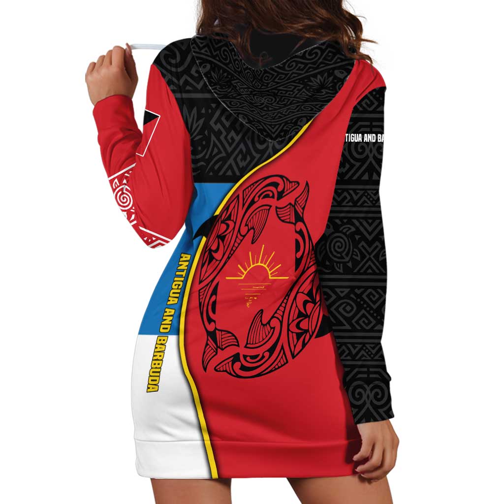 Antigua and Barbuda Tribal Hoodie Dress with Polynesian Dolphin Sun Design with National Flag Colors - Wonder Print Shop