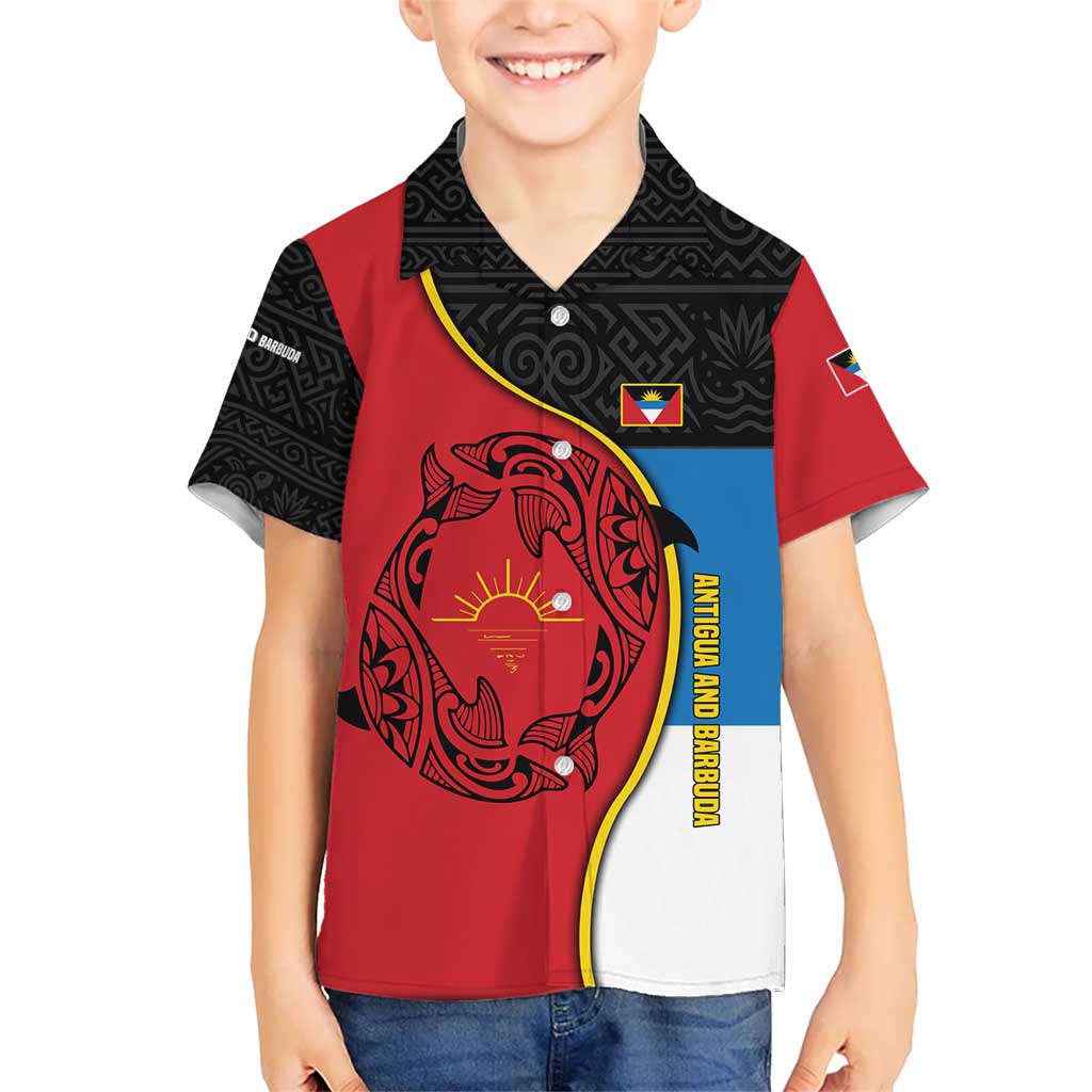 Antigua and Barbuda Tribal Kid Hawaiian Shirt with Polynesian Dolphin Sun Design with National Flag Colors - Wonder Print Shop