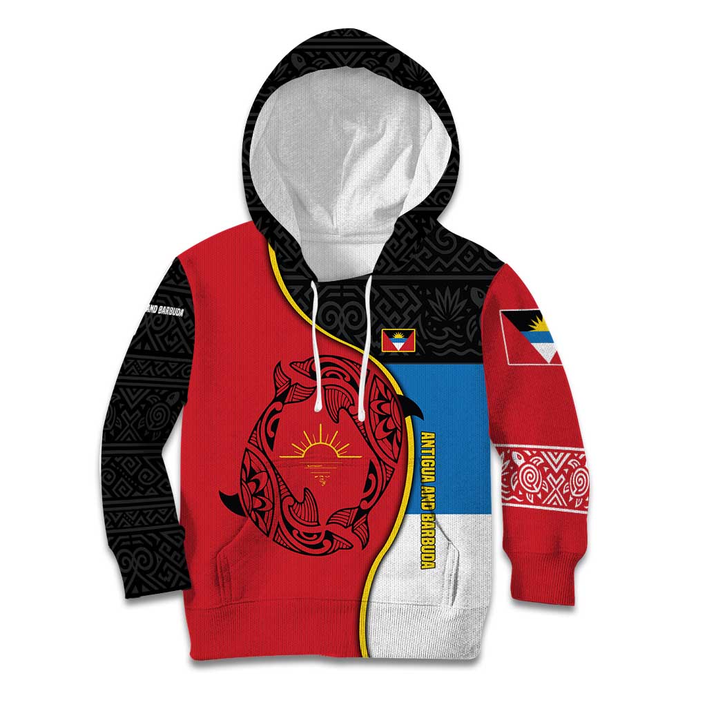 Antigua and Barbuda Tribal Kid Hoodie with Polynesian Dolphin Sun Design with National Flag Colors - Wonder Print Shop