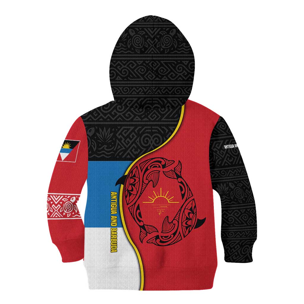 Antigua and Barbuda Tribal Kid Hoodie with Polynesian Dolphin Sun Design with National Flag Colors - Wonder Print Shop