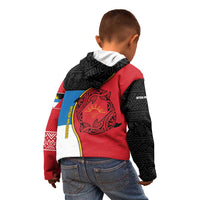 Antigua and Barbuda Tribal Kid Hoodie with Polynesian Dolphin Sun Design with National Flag Colors - Wonder Print Shop