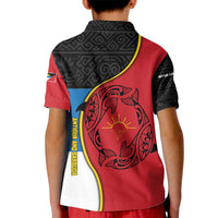 Antigua and Barbuda Tribal Kid Polo Shirt with Polynesian Dolphin Sun Design with National Flag Colors - Wonder Print Shop