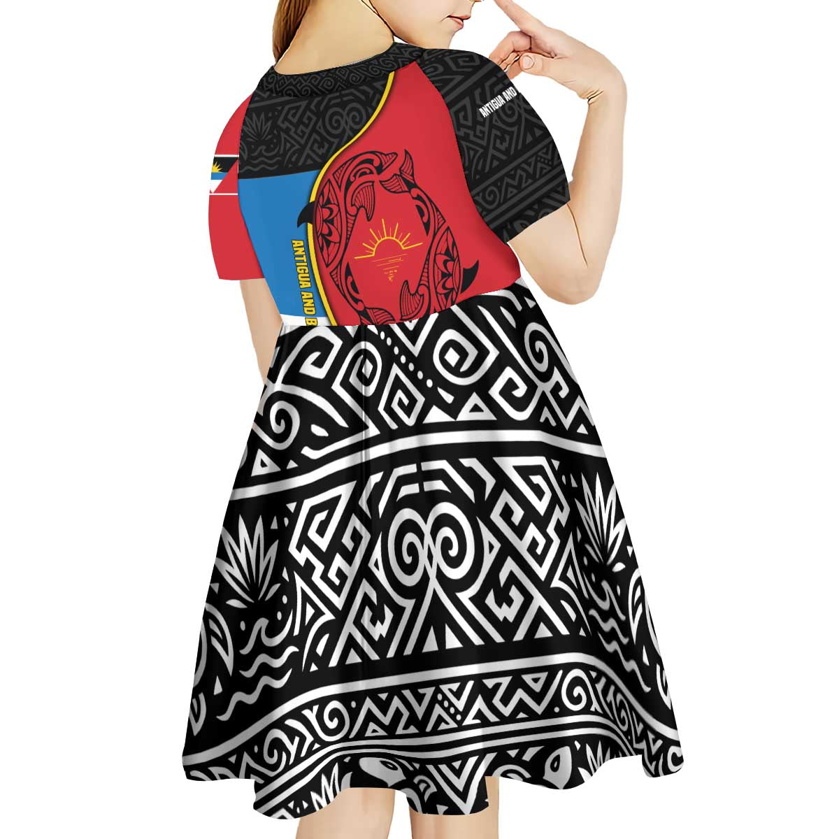 Antigua and Barbuda Tribal Kid Short Sleeve Dress with Polynesian Dolphin Sun Design with National Flag Colors - Wonder Print Shop