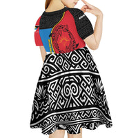 Antigua and Barbuda Tribal Kid Short Sleeve Dress with Polynesian Dolphin Sun Design with National Flag Colors - Wonder Print Shop
