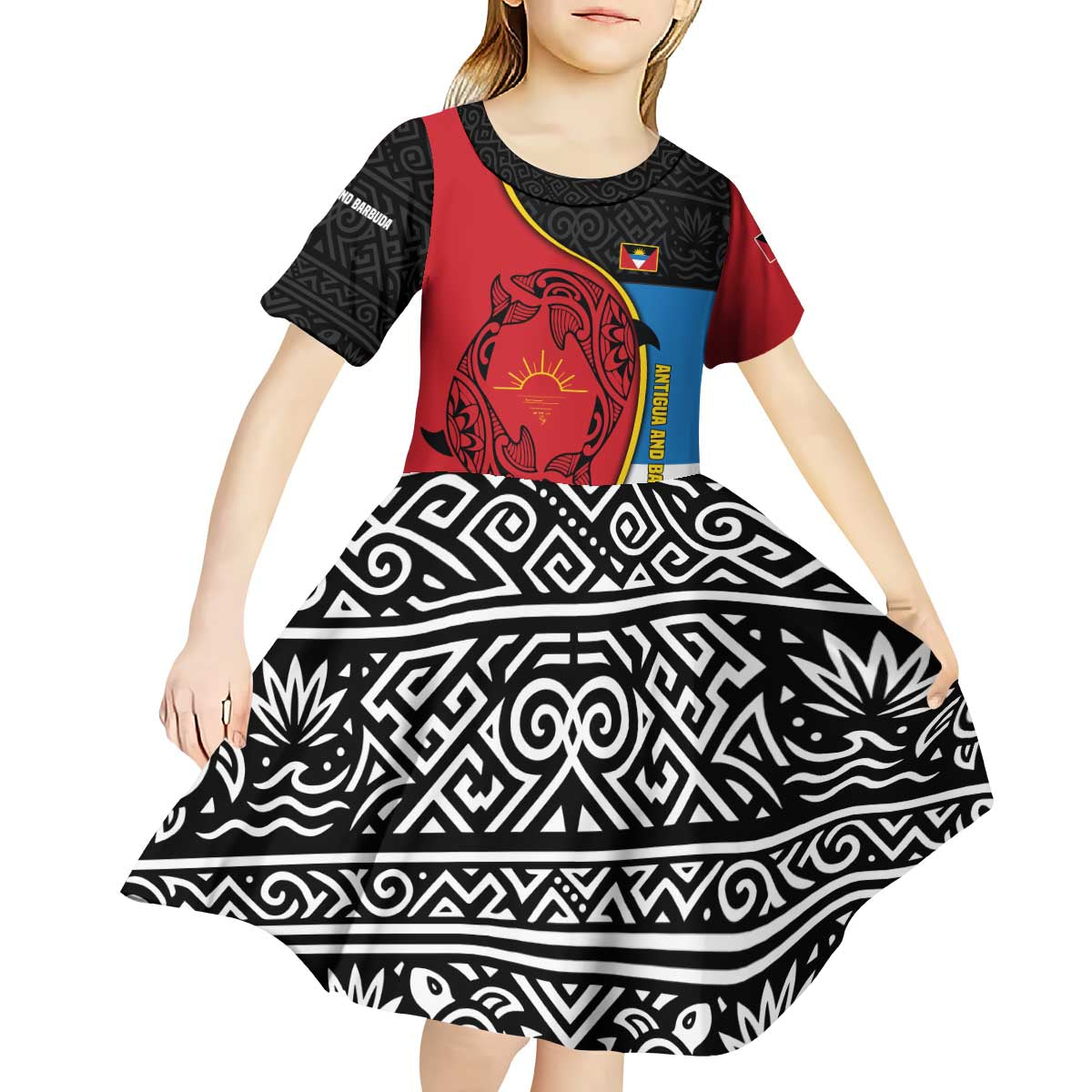 Antigua and Barbuda Tribal Kid Short Sleeve Dress with Polynesian Dolphin Sun Design with National Flag Colors - Wonder Print Shop