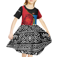 Antigua and Barbuda Tribal Kid Short Sleeve Dress with Polynesian Dolphin Sun Design with National Flag Colors - Wonder Print Shop