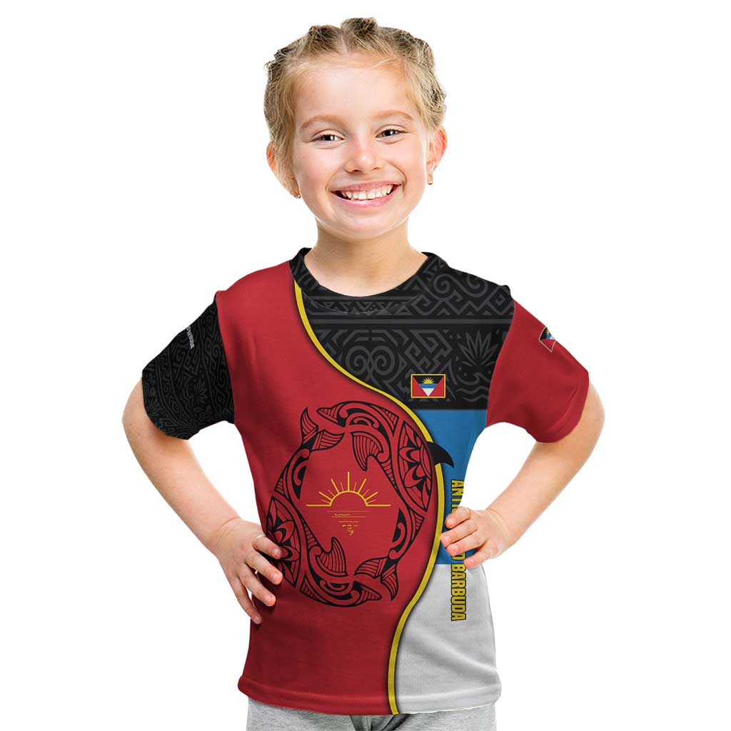 Antigua and Barbuda Tribal Kid T Shirt with Polynesian Dolphin Sun Design with National Flag Colors - Wonder Print Shop