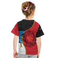 Antigua and Barbuda Tribal Kid T Shirt with Polynesian Dolphin Sun Design with National Flag Colors - Wonder Print Shop