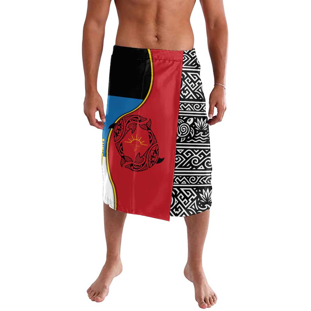 Antigua and Barbuda Tribal Lavalava with Polynesian Dolphin Sun Design with National Flag Colors - Wonder Print Shop