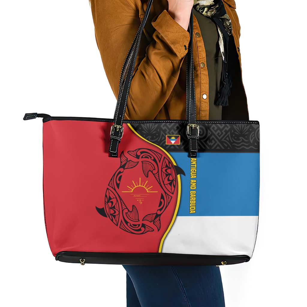 Antigua and Barbuda Tribal Leather Tote Bag with Polynesian Dolphin Sun Design with National Flag Colors - Wonder Print Shop