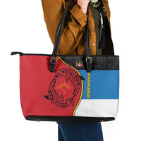 Antigua and Barbuda Tribal Leather Tote Bag with Polynesian Dolphin Sun Design with National Flag Colors - Wonder Print Shop