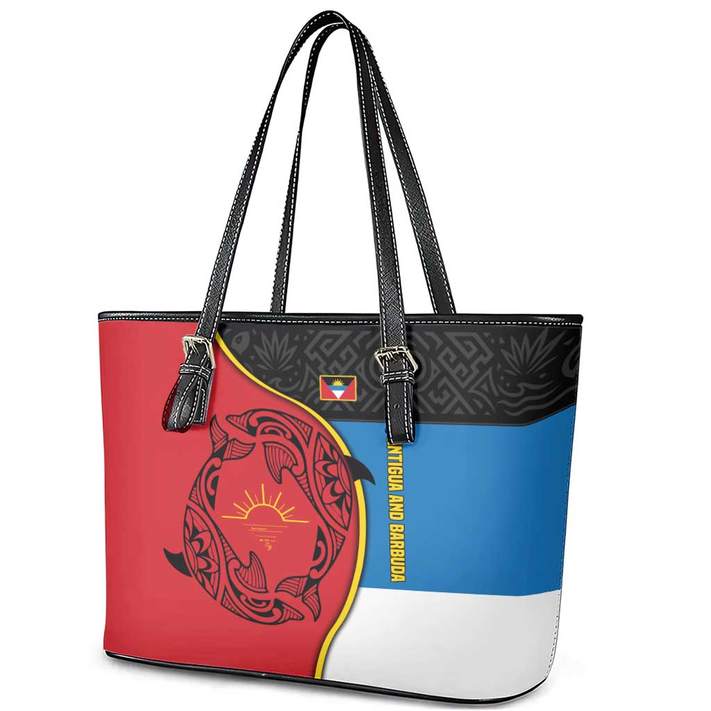 Antigua and Barbuda Tribal Leather Tote Bag with Polynesian Dolphin Sun Design with National Flag Colors - Wonder Print Shop