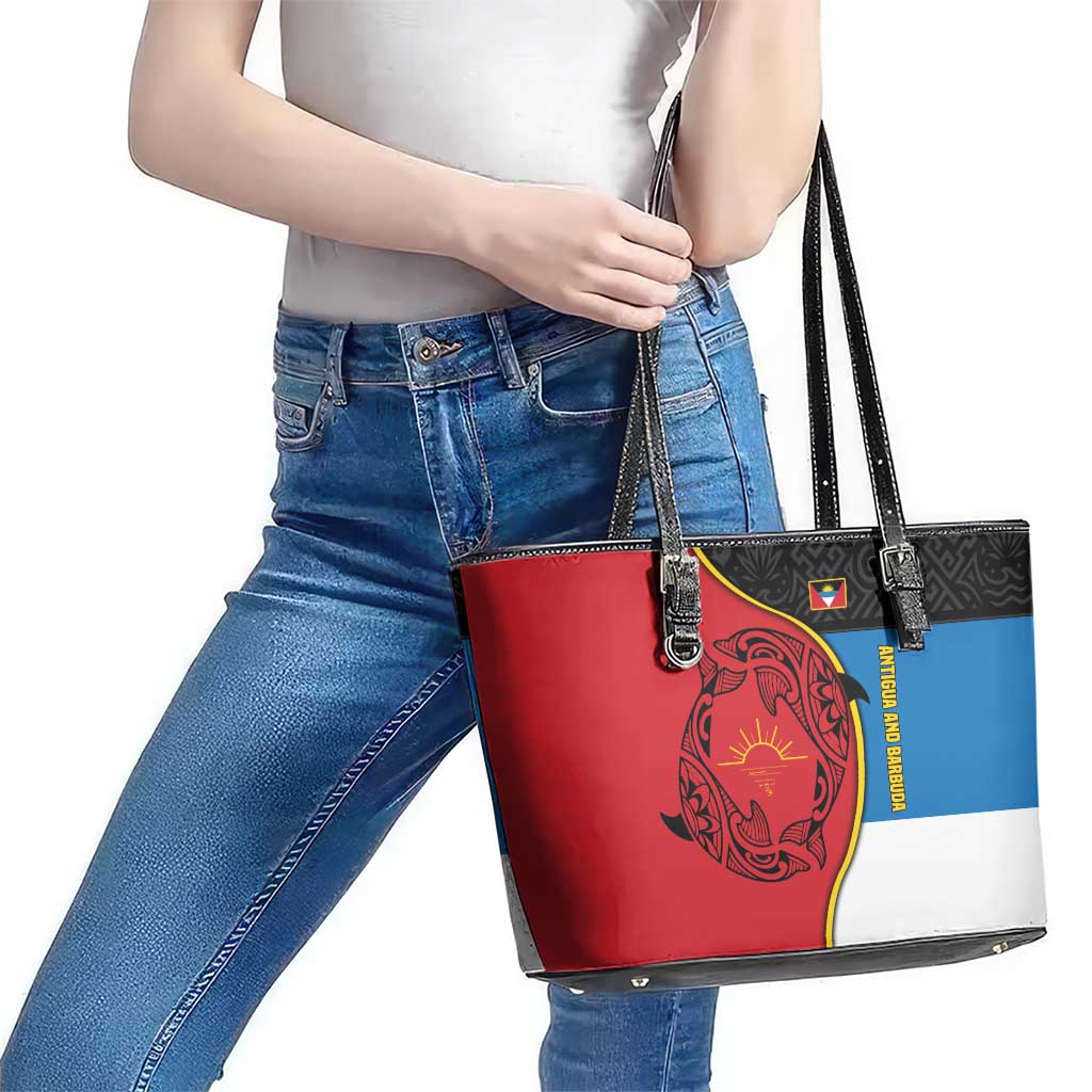 Antigua and Barbuda Tribal Leather Tote Bag with Polynesian Dolphin Sun Design with National Flag Colors - Wonder Print Shop
