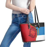 Antigua and Barbuda Tribal Leather Tote Bag with Polynesian Dolphin Sun Design with National Flag Colors - Wonder Print Shop
