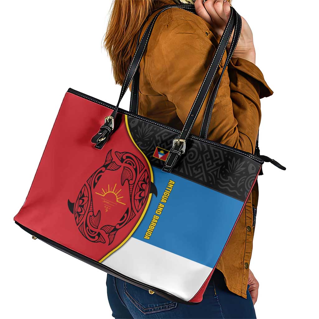 Antigua and Barbuda Tribal Leather Tote Bag with Polynesian Dolphin Sun Design with National Flag Colors - Wonder Print Shop