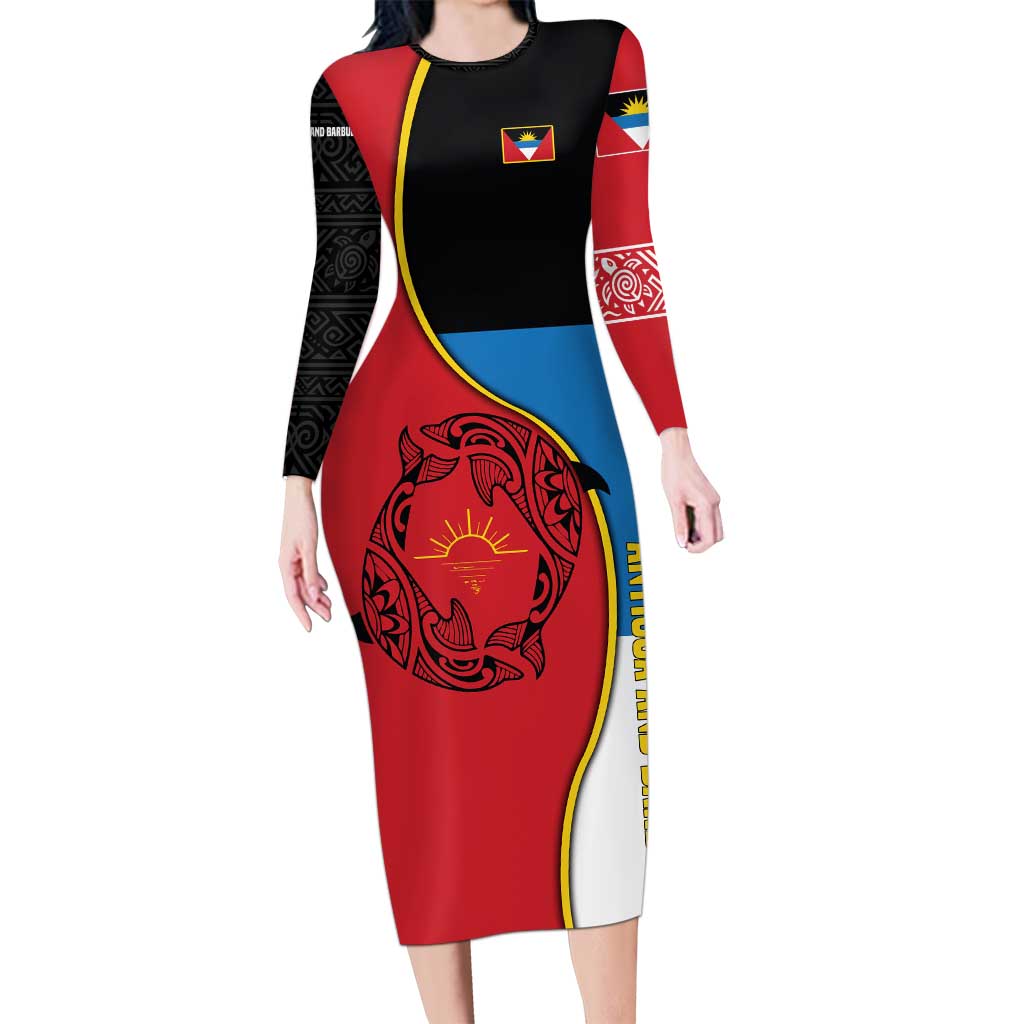 Antigua and Barbuda Tribal Long Sleeve Bodycon Dress with Polynesian Dolphin Sun Design with National Flag Colors - Wonder Print Shop