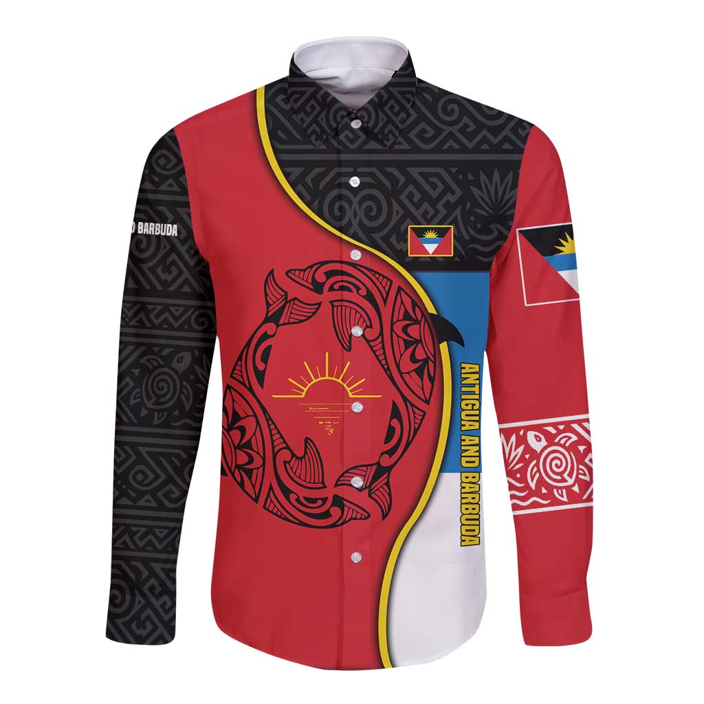 Antigua and Barbuda Tribal Long Sleeve Button Shirt with Polynesian Dolphin Sun Design with National Flag Colors - Wonder Print Shop