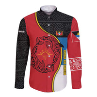 Antigua and Barbuda Tribal Long Sleeve Button Shirt with Polynesian Dolphin Sun Design with National Flag Colors - Wonder Print Shop