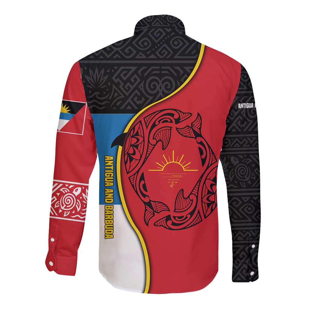 Antigua and Barbuda Tribal Long Sleeve Button Shirt with Polynesian Dolphin Sun Design with National Flag Colors - Wonder Print Shop