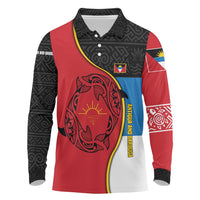Antigua and Barbuda Tribal Long Sleeve Polo Shirt with Polynesian Dolphin Sun Design with National Flag Colors - Wonder Print Shop