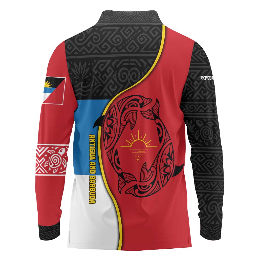 Antigua and Barbuda Tribal Long Sleeve Polo Shirt with Polynesian Dolphin Sun Design with National Flag Colors - Wonder Print Shop