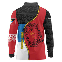 Antigua and Barbuda Tribal Long Sleeve Polo Shirt with Polynesian Dolphin Sun Design with National Flag Colors - Wonder Print Shop