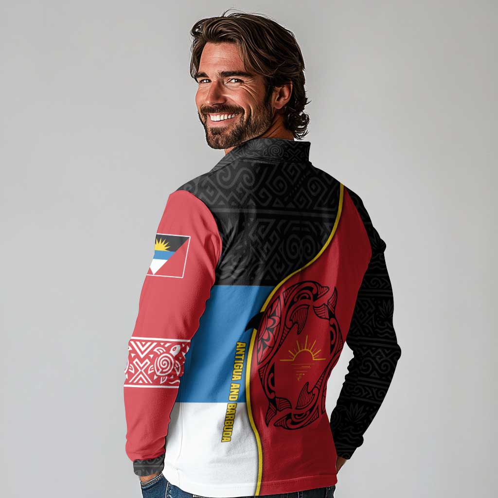 Antigua and Barbuda Tribal Long Sleeve Polo Shirt with Polynesian Dolphin Sun Design with National Flag Colors - Wonder Print Shop