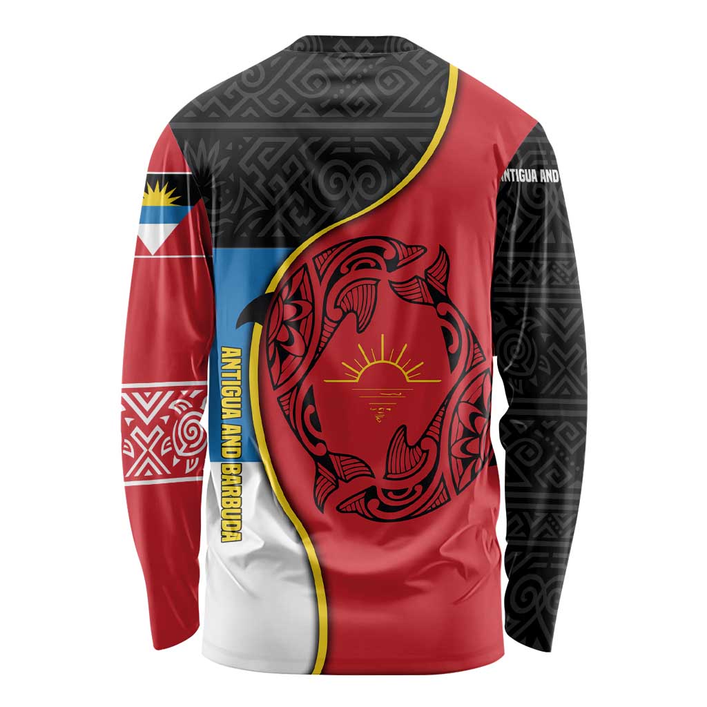Antigua and Barbuda Tribal Long Sleeve Shirt with Polynesian Dolphin Sun Design with National Flag Colors - Wonder Print Shop