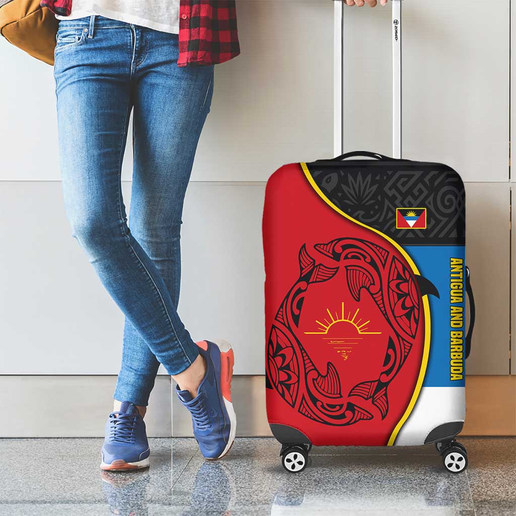 Antigua and Barbuda Tribal Luggage Cover with Polynesian Dolphin Sun Design with National Flag Colors - Wonder Print Shop