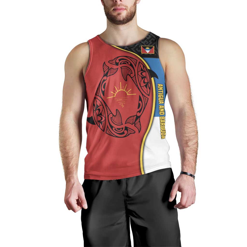 Antigua and Barbuda Tribal Men Tank Top with Polynesian Dolphin Sun Design with National Flag Colors - Wonder Print Shop