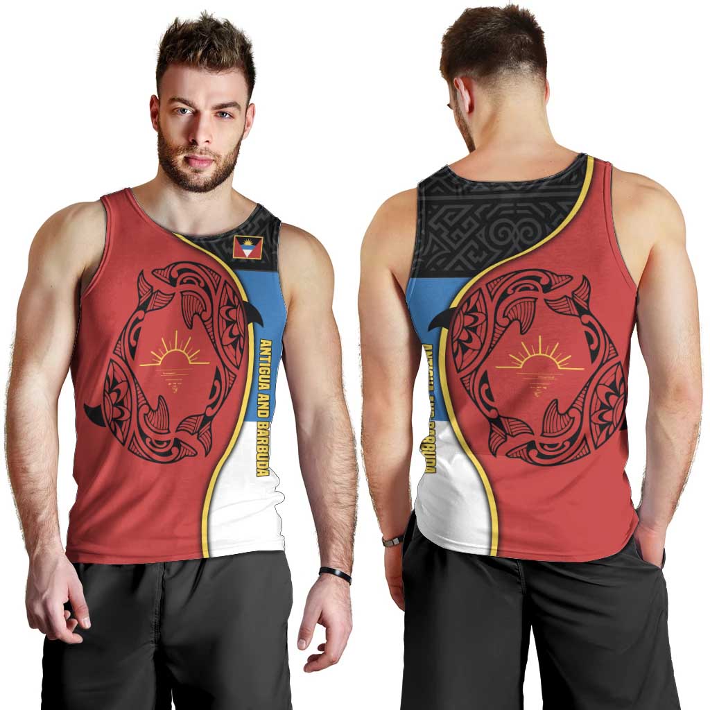 Antigua and Barbuda Tribal Men Tank Top with Polynesian Dolphin Sun Design with National Flag Colors - Wonder Print Shop