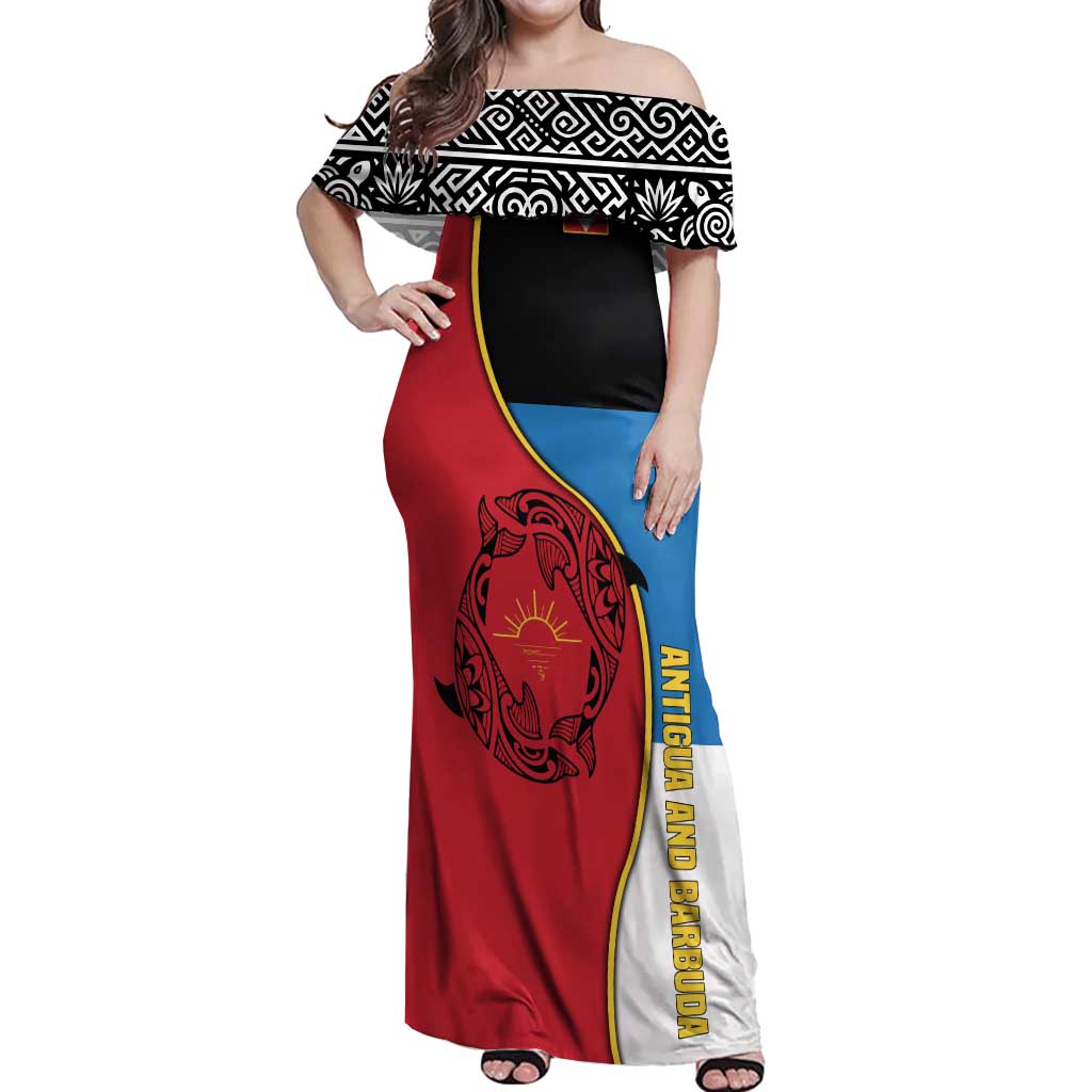 Antigua and Barbuda Tribal Off Shoulder Maxi Dress with Polynesian Dolphin Sun Design with National Flag Colors - Wonder Print Shop