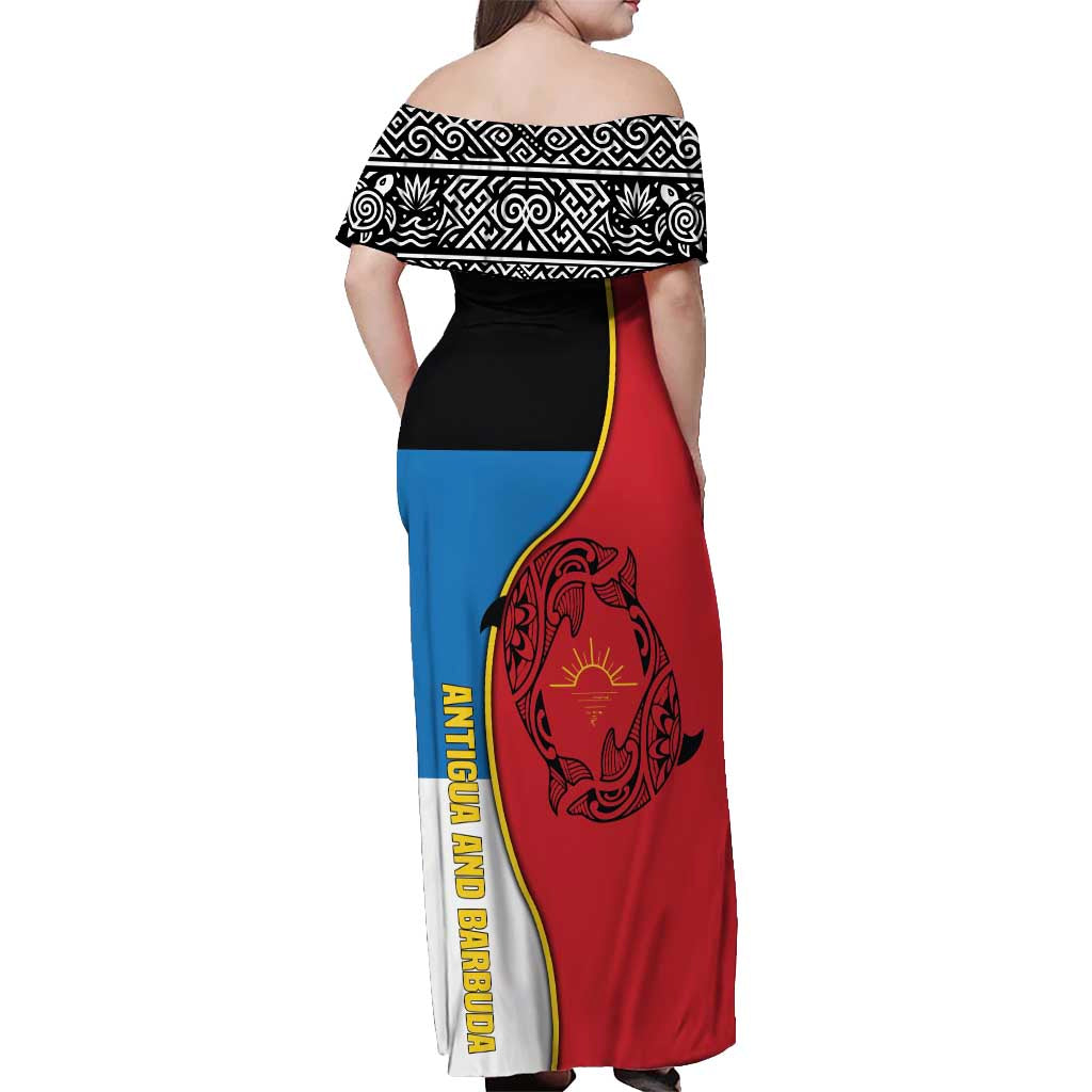 Antigua and Barbuda Tribal Off Shoulder Maxi Dress with Polynesian Dolphin Sun Design with National Flag Colors - Wonder Print Shop