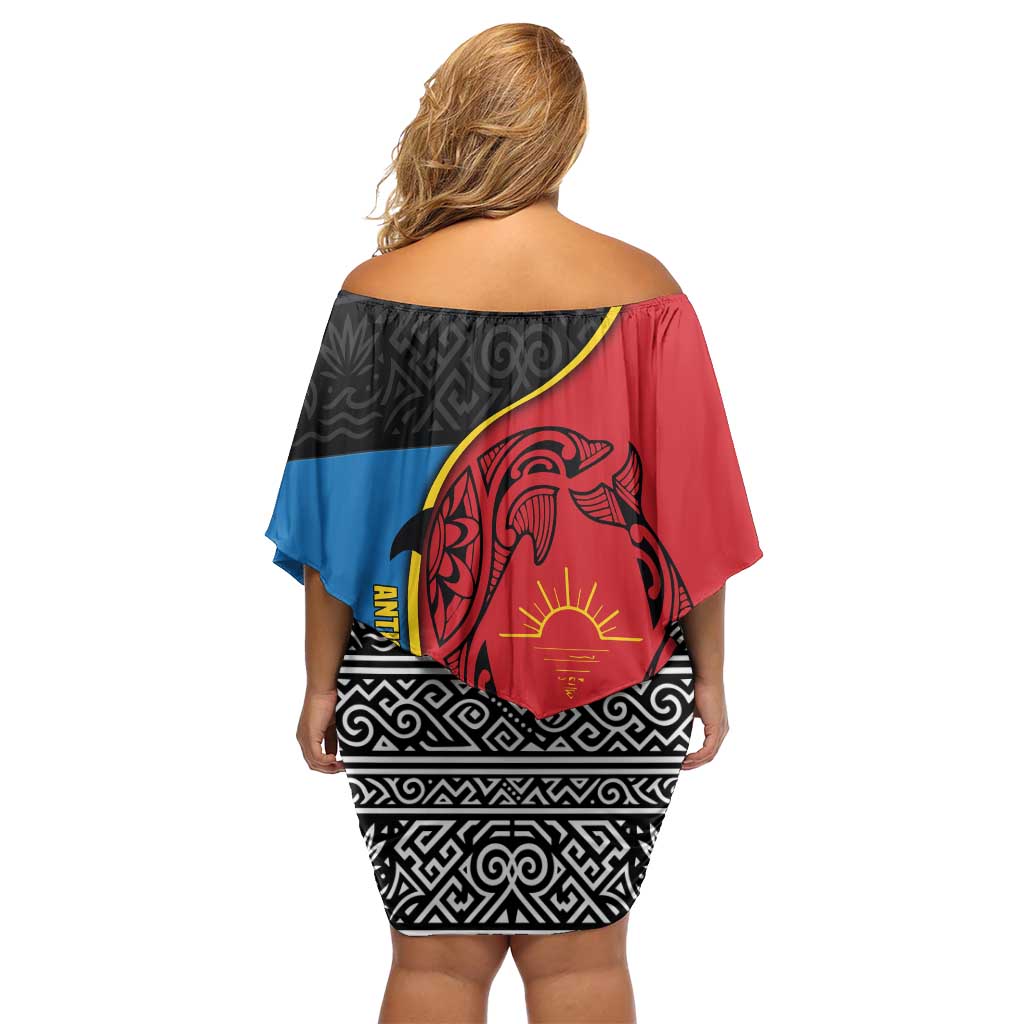 Antigua and Barbuda Tribal Off Shoulder Short Dress with Polynesian Dolphin Sun Design with National Flag Colors - Wonder Print Shop