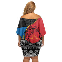 Antigua and Barbuda Tribal Off Shoulder Short Dress with Polynesian Dolphin Sun Design with National Flag Colors - Wonder Print Shop